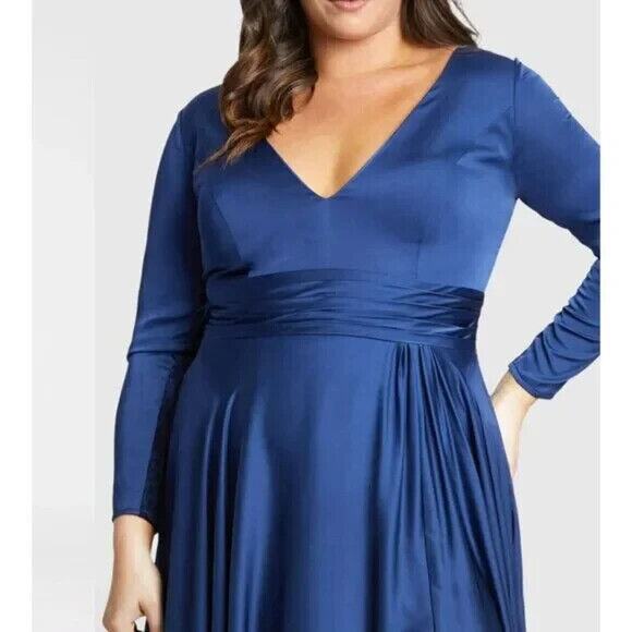 Mac Duggal Gown Dress Size 18W Blue Satin‎ V Neck Long Sleeve 55290 NWT - Picture 2 of 6